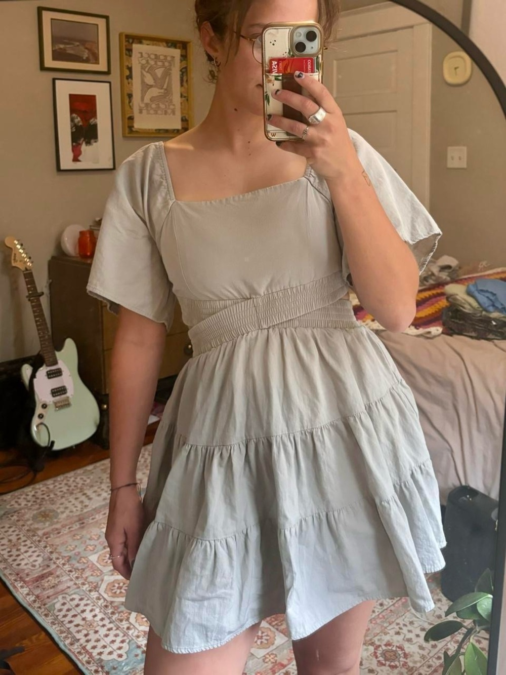Light Gray Puff-Sleeve Tiered Mini Dress